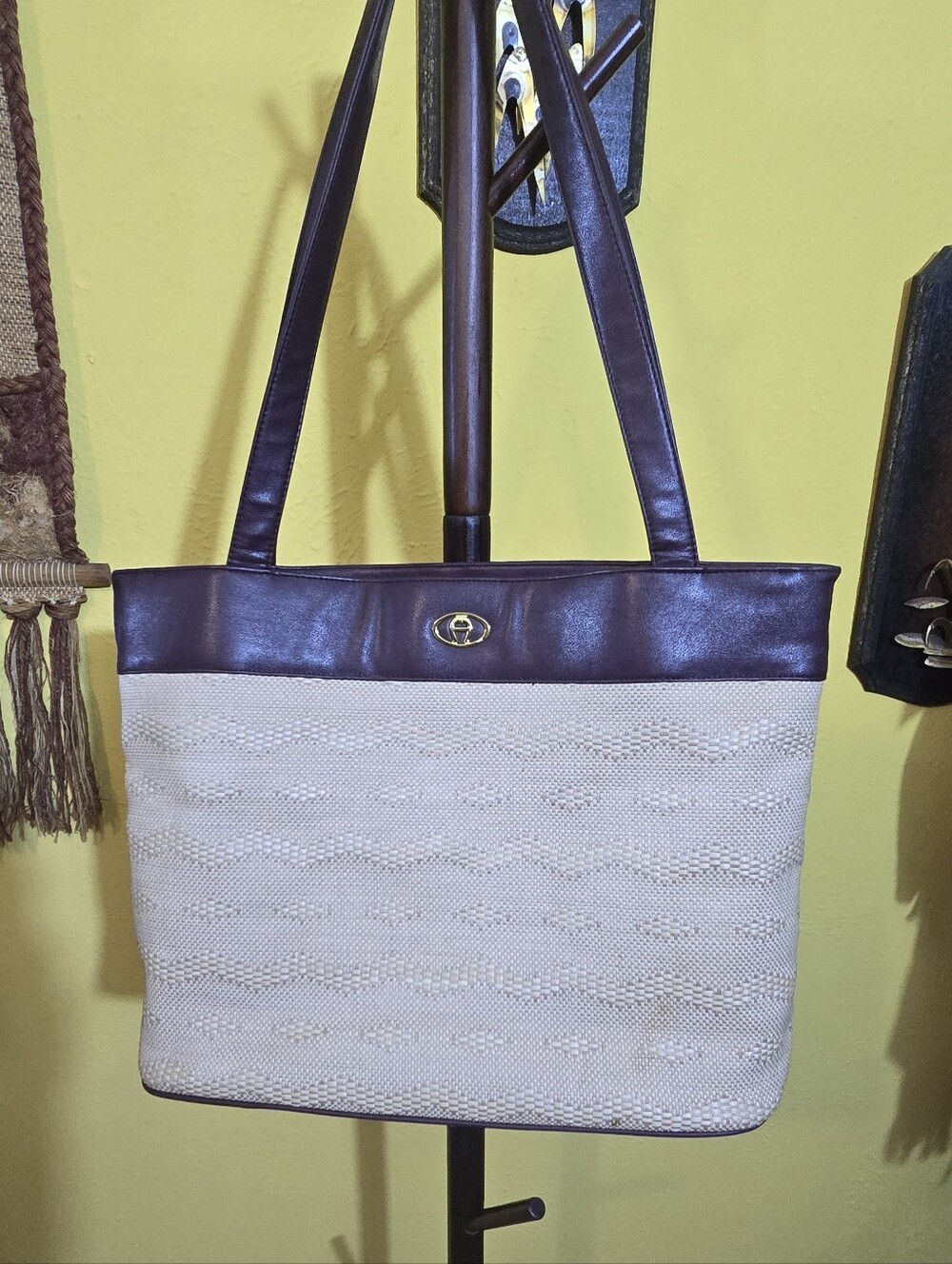 Etienne Agner Faux Leather-Trim Cream Tote Bag with Dark Brown Accents
